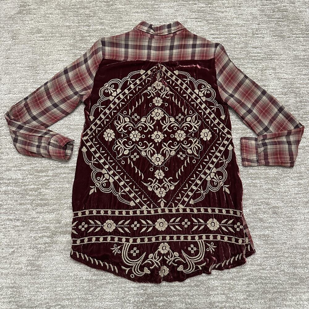 Johnny Was Shirt Womens XS Red Plaid Velvet Embroidered Back 3J Workship